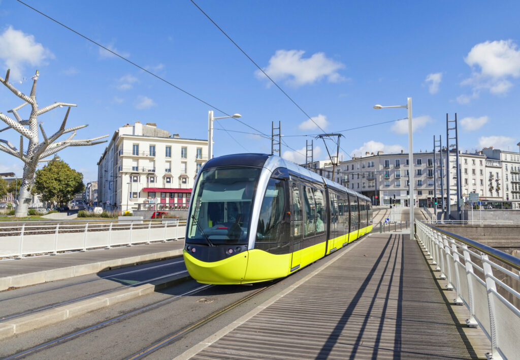 Yellow tram on the street of Brest, France